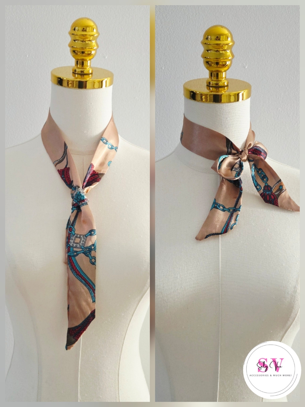 Beige and blue scarf/headband with abstract geometric design